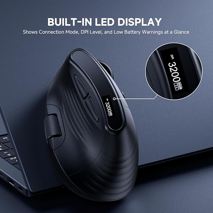 ECHTPower Ergonomic Vertical Mouse, Wireless Rechargeable Mouse with LED Display, 7-Level Adjustable DPI up to 8000, Silent & Programmable Buttons, Multi-Device Connection for PC/Mac/Laptop