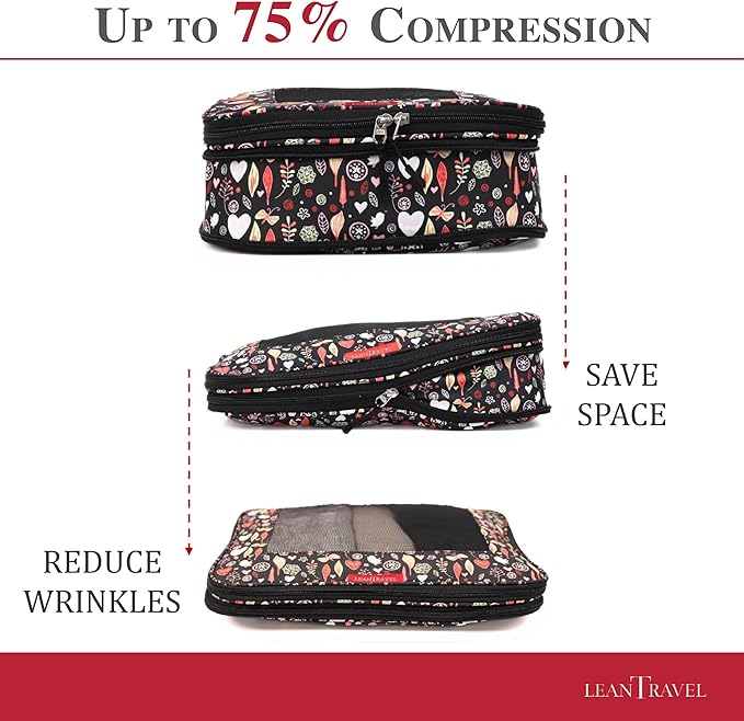LeanTravel Compression Packing Cubes for Travel Organizers with Double Zipper (6-Pack (2L+2M+2S), Flowers & Leaves)