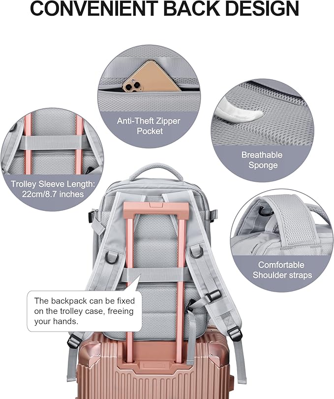 Carry On Backpack for Women, Airline Approved Personal Item Large Travel Backpack Flight Approved, Waterproof Laptop Bag Business Work Gym Backpacks Men Grey Mochila De Viaje