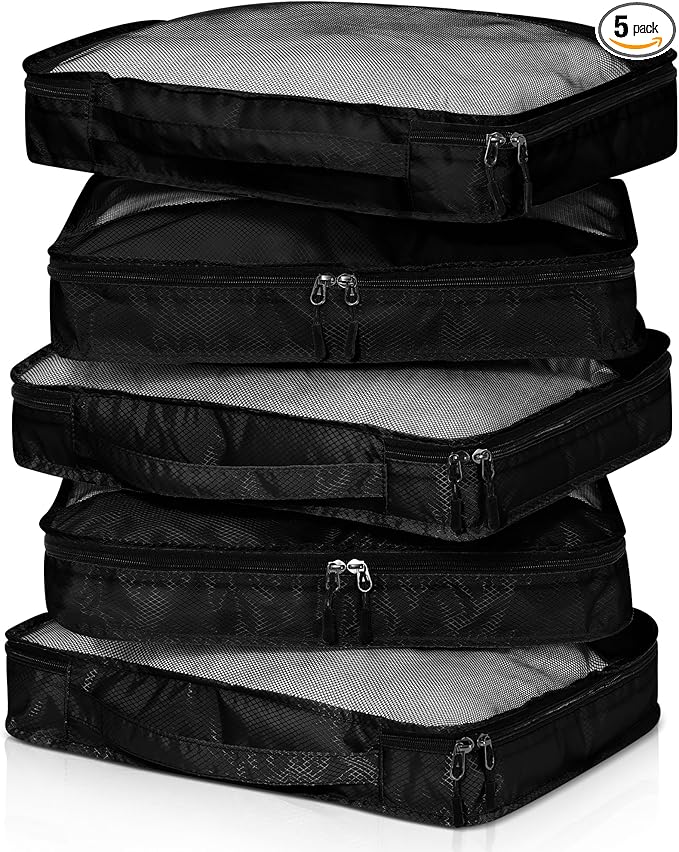 5 Pcs Packing Cubes for Suitcase Large Travel Cubes Carry on Luggage Organizer Bags for Clothes Accessories(M,Black)
