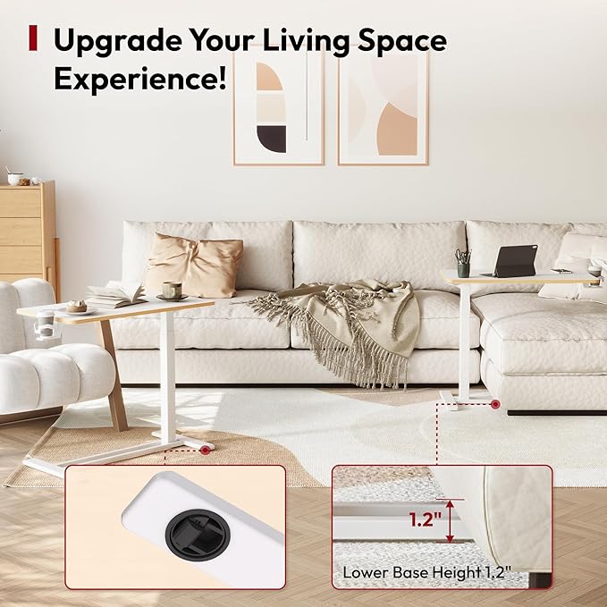 SANODESK Medical Adjustable Overbed Bedside Table with Hidden Casters, Pneumatic Mobile Laptop Computer Standing Desk Cart with Tray, Hospital and Home Use(31.5" W x 17.7" D, White)