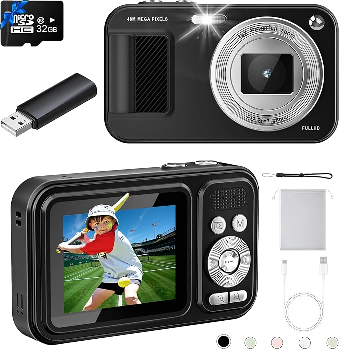 Digital Camera, Autofocus 48MP Kids Camera, FHD 1080P Point and Shoot Digital Cameras with 32GB Card, 16X Zoom Anti-Shake, Compact Camera with 1500mAh Batteries for Boys Girls Teens