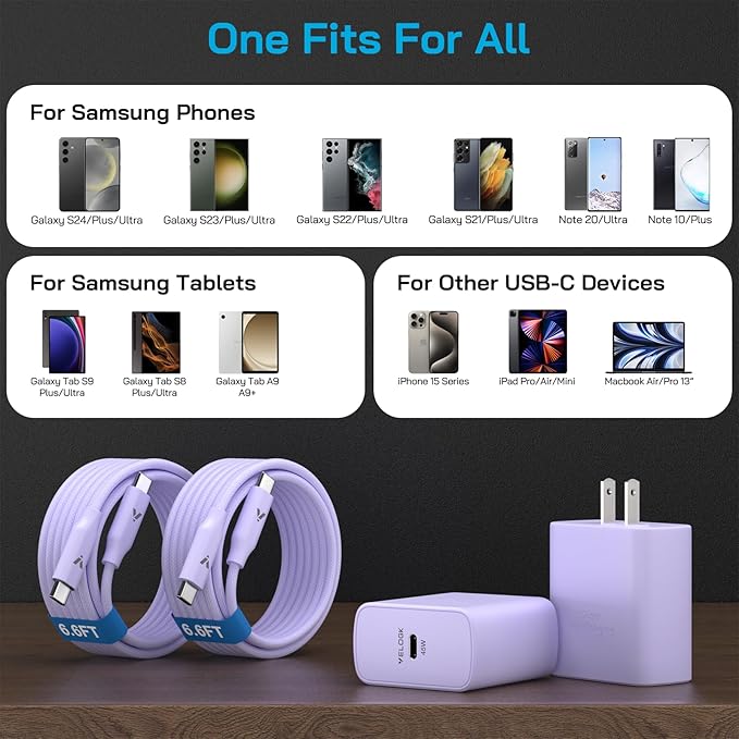 45W Super Fast Charger USB C,45 Watt Type-C Android Phone Charger Fast Charging Block with 6.6FT Type C Cords for Samsung Galaxy S25 Ultra/S24 Ultra/S24+/S23 Ultra/S22 Plus/S20,Tab S9/S8 Ultra(Purple)