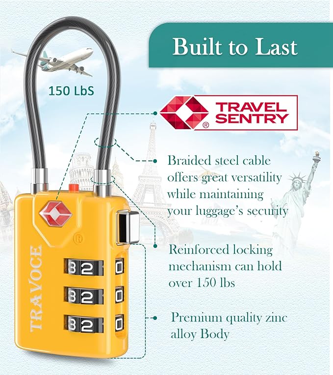 Search Alert TSA Approved Travel Combination Luggage Cable Locks for Suitcase, Gym Locker,Toolbox,Backpack 1,2,4,6 &10 pk (Yellow 4 Pack)