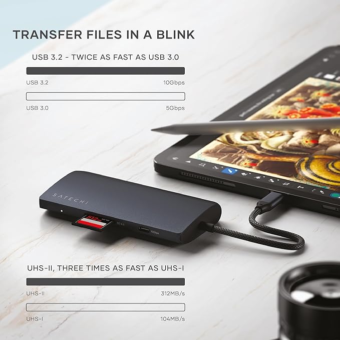 Satechi 8 in 1 USB C Hub Multiport Adapter V3, 8K HDMI, 100W Charging, 4 USB Data Ports, Ethernet, SD Card Reader, for Laptop, for Mac/Windows, MacBook Air/Pro M4, iPad - Midnight