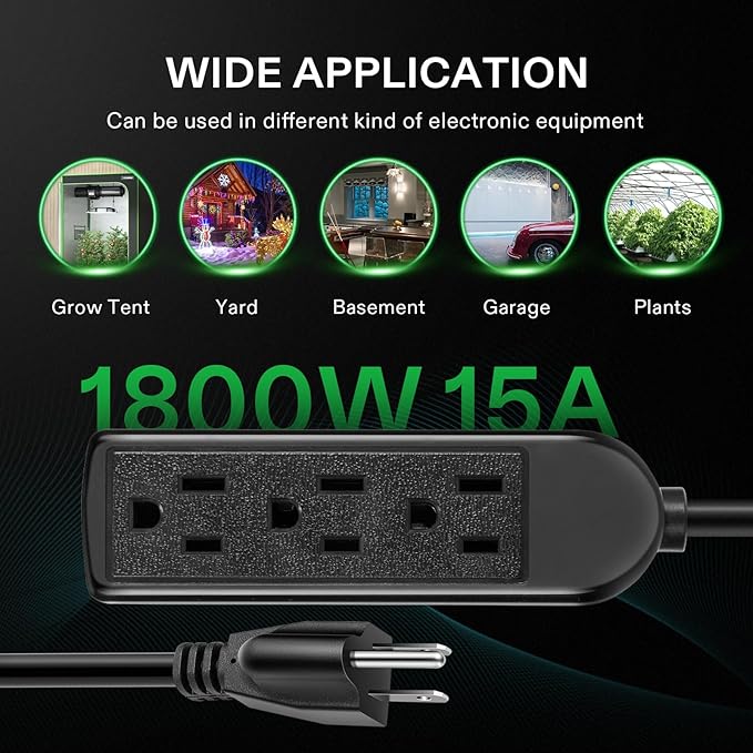 VIVOSUN 12 ft Extension Cord, 3-Outlet Power Strip with 1800W Surge Protection, 15A 14 AWG, Flat Heavy Duty Extender for Indoor Outdoor Use, Garden Home Office, Black