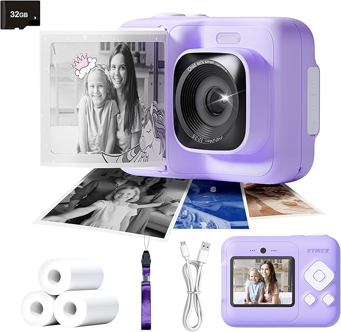 Instant Print Camera for Kids, HD Digital Camera, Christmas Birthday Gifts for 4 5 6 7 8 9 10 Year Old Girls Boys, Portable Toy Camera with 32GB SD Card & 3 Rolls Printing Paper, Violet