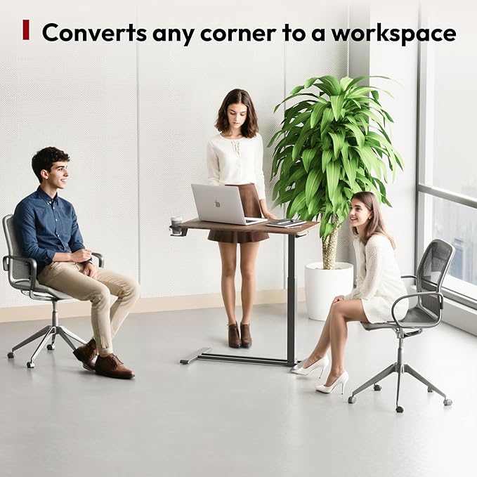 SANODESK Medical Adjustable Overbed Bedside Table with Hidden Casters, Pneumatic Mobile Laptop Computer Standing Desk Cart with Tray, Hospital and Home Use(27.6" W x 15.7" D, Walnut)