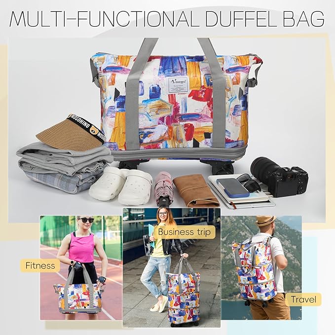 VOOWO Duffel Bag with Wheels - Rolling Foldable Expandable Duffle Bag with Wheels for Travel, Rolling Luggage Carry On Bag with Wheels, Large Rolling Backpack Weekend Bags for Men Women (Gray)