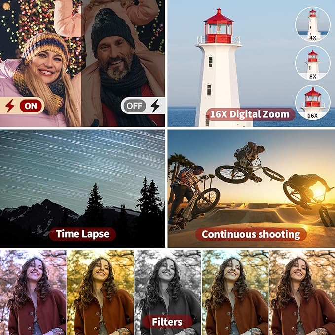 4K Digital Camera for Photography Autofocus, 48MP Vlogging With Flash Anti-Shake, 3'' 180 Flip Screen Compact Travel 16X Zoom for Teens With 32G Card, Battery Charger