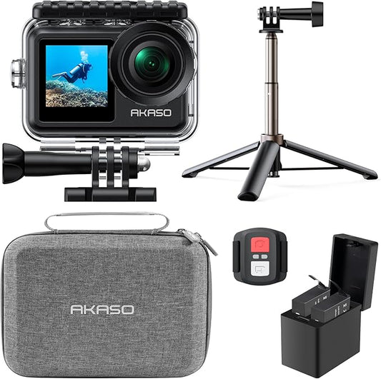 AKASO Brave 7 LE 4K60FPS 20MP WiFi Action Camera with Touch Screen EIS 2.0 Zoom Remote Control 131ft Waterproof Underwater Camera with Selfie Stick Extendable Tripod Stand and Carrying Case Bundle
