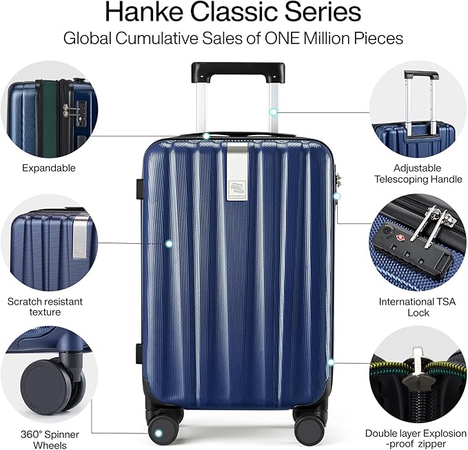 Hanke Expandable Hard Shell Luggage Sets 2 piece Carry on Luggage with Wheels Suitcases Lightweight Checked Travel Luggage Rolling Large Suitcase Travel Luggage Bag Woman Men 20/29 Inch(Dark Blue)