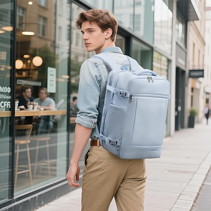 SHOWKOO Travel Backpack For Man Women, Airline Approved Carry On Laptop Backpack For Business, 40L Expandable Large Capacity Backpack, Blue