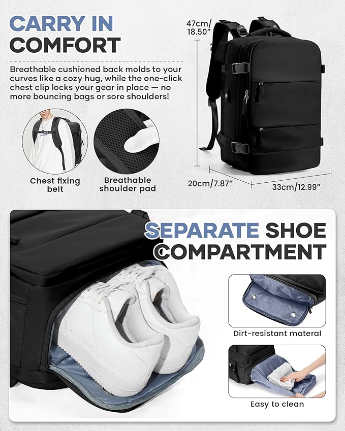 Vacuum Travel Backpack with Pump Women,Personal Item Carry on Backpacks Flight Approved 18x14x8 inches Men,Laptop Waterproof Work Compression bags Casual Daypack Mochila de Viaje Compresion al Black