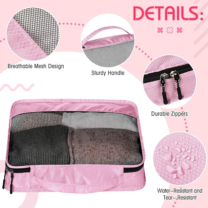 5 Pcs Packing Cubes for Suitcase Large Travel Cubes Carry on Luggage Organizer Bags for Clothes Accessories(Mixed,Pink)