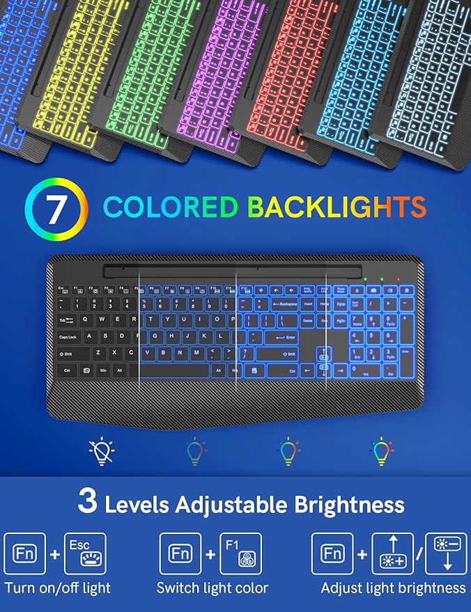 Wireless Keyboard with 7 Colored Backlits, Wrist Rest, Phone Holder, Rechargeable Ergonomic Computer Keyboard with Silent Keys, Full Size Lighted Keyboard for Windows, MacBook, PC, Laptop (Black)