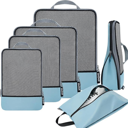 BAGAIL 4 Set/6 Set/8 Set Compression Packing Cubes Travel Accessories Expandable Packing Organizers (Half Mesh, 6-Dusty Blue)