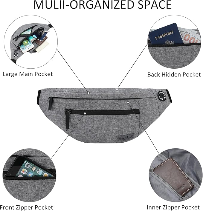 MAXTOP Large Crossbody Fanny Pack with 4-Zipper Pockets,Gifts for Enjoy Sports Festival Workout Traveling Running Casual Hands-Free Wallets Waist Pack Phone Bag Carrying All Phones