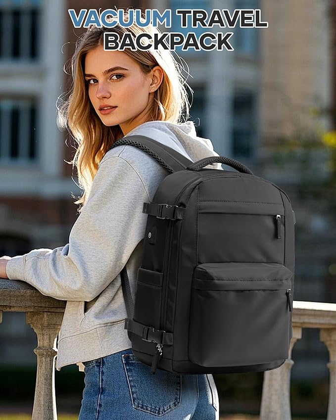 Vacuum Travel Backpack with Pump for Women,Personal Item Carry on Backpacks Flight Approved 18x14x8 inches for Men,Laptop Waterproof Work Compression bags Casual Daypack. Black.