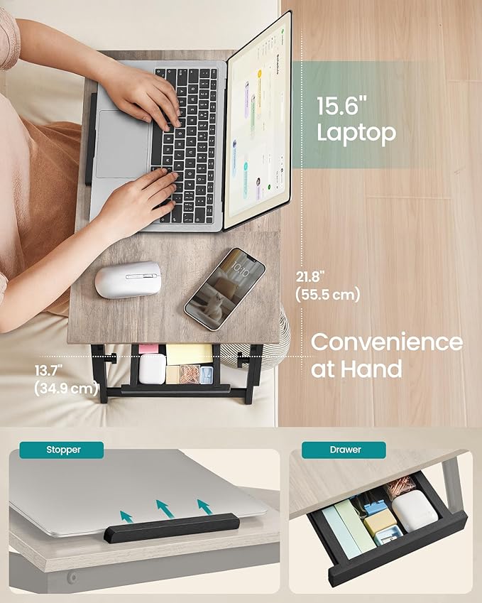 SONGMICS Bed Laptop Desk, Folding Bed Tray for Laptop up to 15.6 Inches, Adjustable Angle and Height, Portable for Working Reading Writing Breakfast, Bamboo Legs, Drawer, Heather Greige ULLD105W01