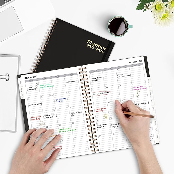 Daily Planner 2025-2026, Jul.2025-Jun.2026, 6.2" x 8.4", 2025 Planner Weekly and Monthly, Calendar Planner 2025 with Tabs & Pocket, 100GSM Thick Paper, Black