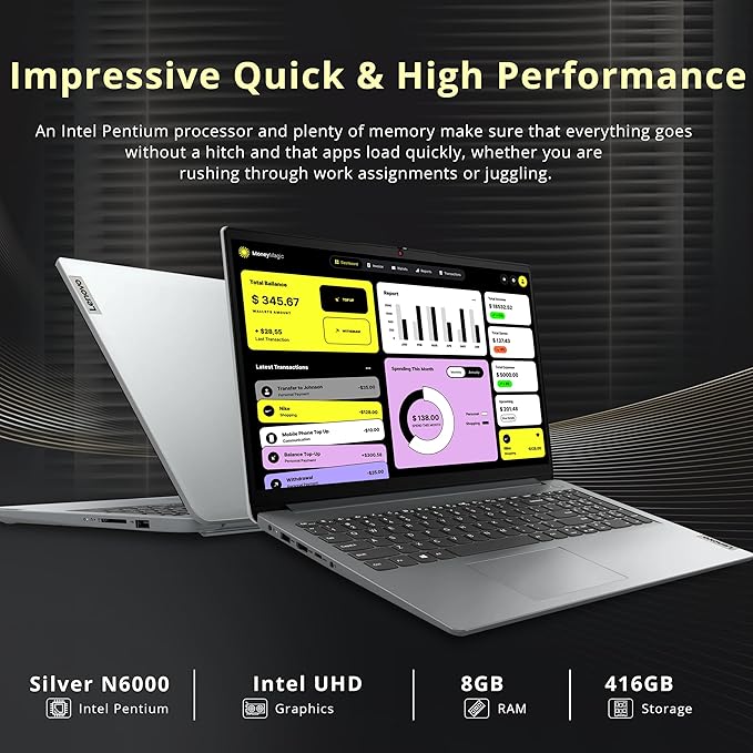Lenovo IdeaPad 1 15.6" HD Laptop, Intel Pentium Silver N6000, 8GB RAM, 416GB Storage (256GB SSD+160GB Docking Station Set), Intel UHD Graphics, Num Pad, Webcam, 1 Year Office 365, Win 11 S, Gray