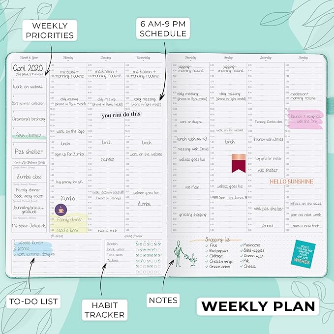 GoGirl Planner PRO Schedule - Undated Planner with Hourly Time Slots, Monthly, Weekly & Daily Organizer, Appointment Book for time Management, 7"x10" Hardcover, Lasts 1 Year - Turquoise