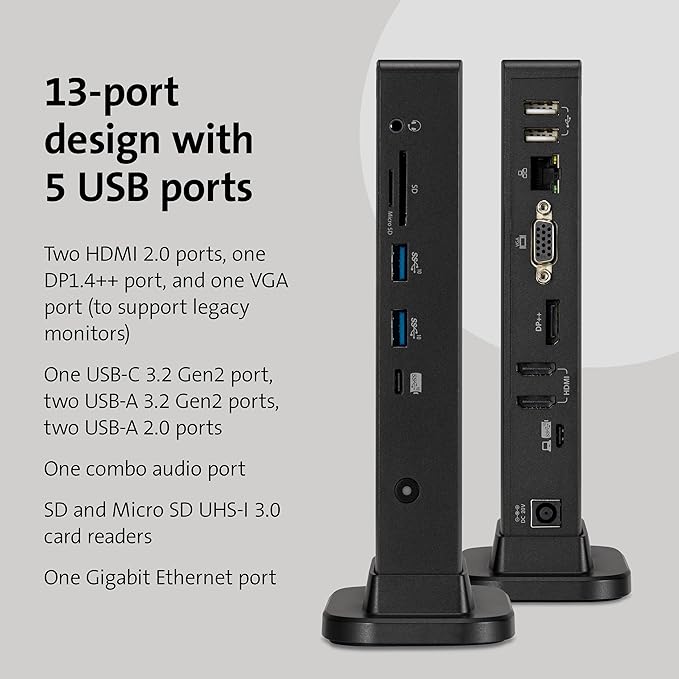 Kensington Triple Display USB-C Docking Station for Dell, HP, Lenovo, Acer, ASUS, Razer, Surface - Triple 4K Video, 100W PD (K37060NA)