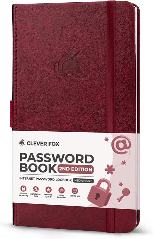 Clever Fox Password Book 2nd Edition – Hardcover Password Keeper with Alphabetical Tabs – Internet Address Notebook & Login Details Organizer Journal – 4.1x7.6” (Wine Red)