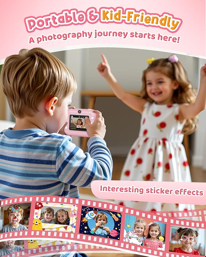 Instant Camera, Front Rear Dual Selfie Kids Camera with 1080P Videos, Holiday Birthday Gifts for Kids Age 3-12, Toddler Portable Travel Print Digital Camera Toy for 4 5 6 7 8 9 Year Boys Girls