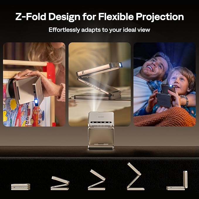 Aurzen ZIP Tri-Fold DLP Truly Mini Projector, Pocket Size, Zero-Lag Focus, One-Click Screen Mirroring, Full-Screen Mode, Type-C Fast Charging, 5,000mAh Battery, Indoor Outdoor Portable Projector,Gold