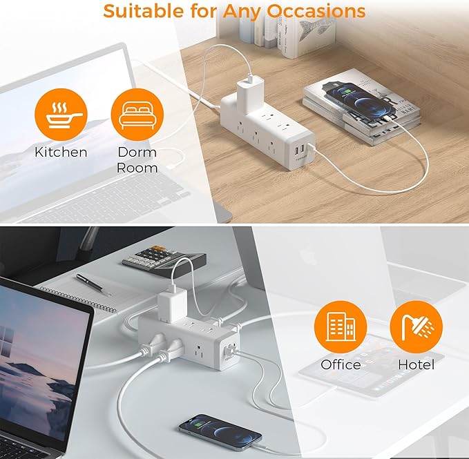 TESSAN Surge Protector Power Strip with USB, Ultra Thin Flat Plug 6 FT Extension Cord with 9 Outlets 3 USB(1 USB C), 1050 J Surge Protector Charging Station for Indoor,Office, Dorm Room Essentials