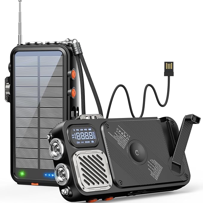 BROWEY Solar Power Bank Wireless Charger 16000mAh Built in Hand Crank and 3 Cables with Emergency Radio & Flashlight, 20W Fast Charging for Cell Phones, Portable Charger for Apple Watch