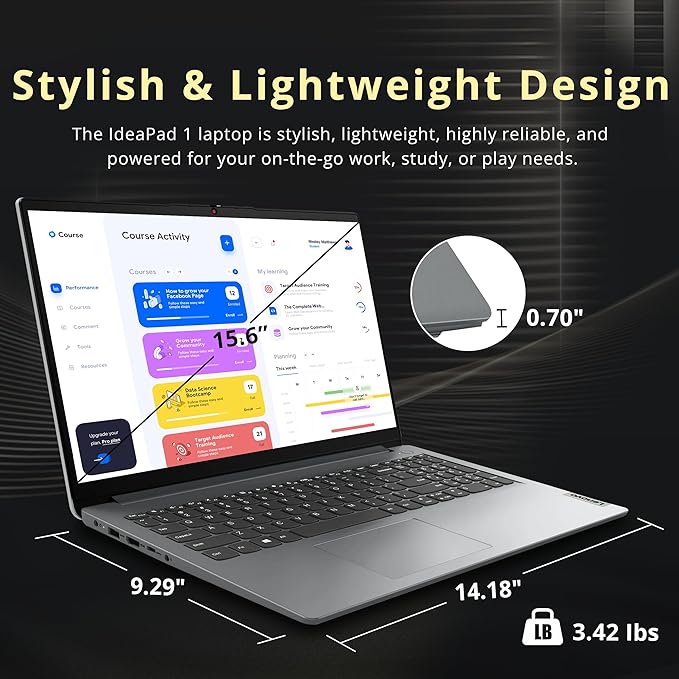 Lenovo IdeaPad 1 15.6" HD Laptop, Intel Pentium Silver N6000, 12GB RAM, 416GB Storage (256GB SSD+160GB Docking Station Set), Intel UHD Graphics, Num Pad, Webcam, 1 Year Office 365, Win 11 S, Gray