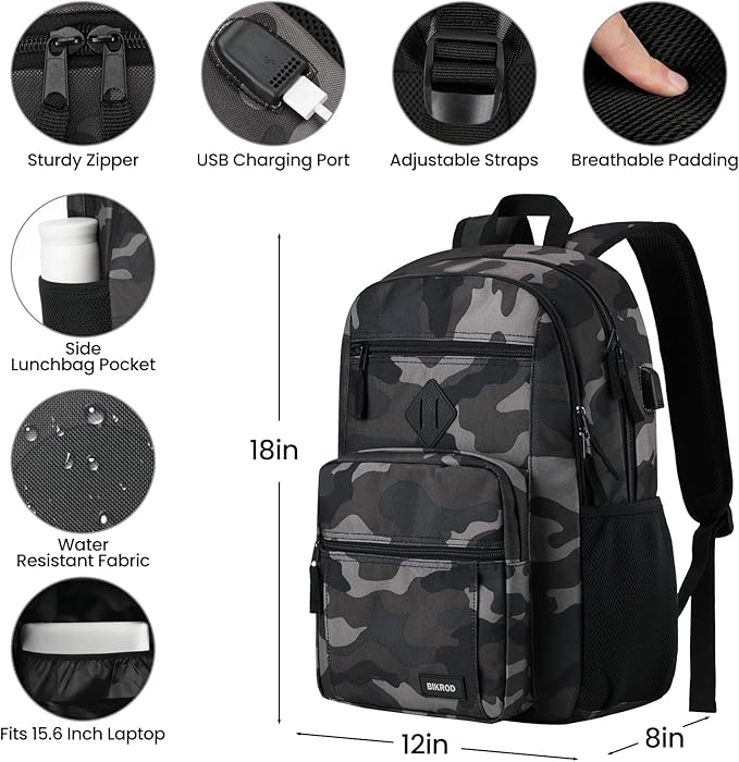 BIKROD Backpack for Men and Women, Backpack for School Teens Boys and Girls, Lightweight Casual High School Bookbag, Daily-use Travel Laptop Backpack with USB Charging Port Fits 15.6 Inch Notebook
