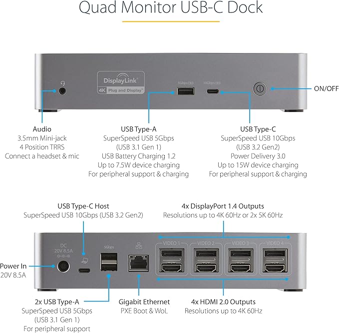 StarTech.com USB-C Quad Monitor Docking Station for MacBook Pro/Air M1 M2 M3 M4 & Windows, Universal 4K 60Hz HDMI DP Dock, Thunderbolt Compatible, 100W Laptop Charging