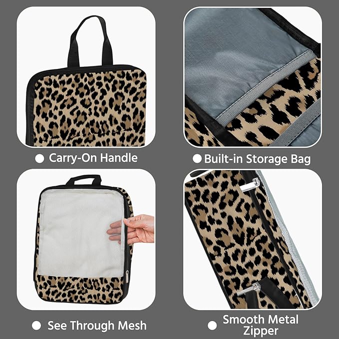 7 Pcs Compression Packing Cubes for Travel, Waterproof Suitcase Luggage Backpack Organizer with Toiletry Bag Travel Essentials for Women/Men-Leopard
