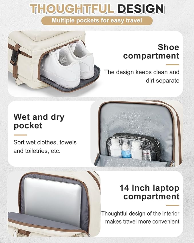 VECAVE Carry On Backpack for Women,Large Travel Backpack Flight Approved,Waterproof 14 Inch Laptop Backpack Business Work Backpacks Men Mochila De Viaje WhiteBrown