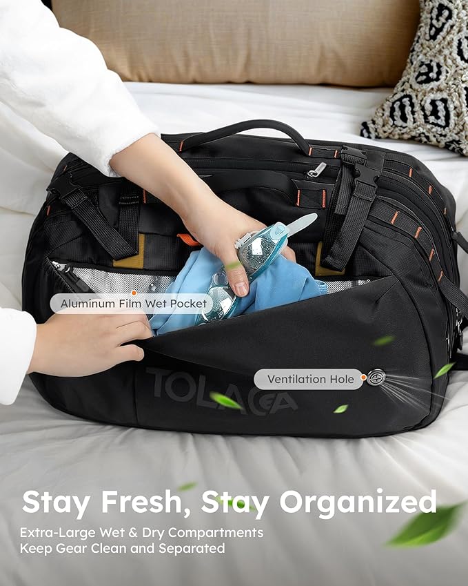 Tolaccea Travel Laptop Backpack, Large Carry on Backpack Flight Approved Convertible Duffle Luggage Bag Daypack Work Business Rucksack Fits 16" Laptop for Men Women 3 Carrying Ways, 40L-50L Expandable