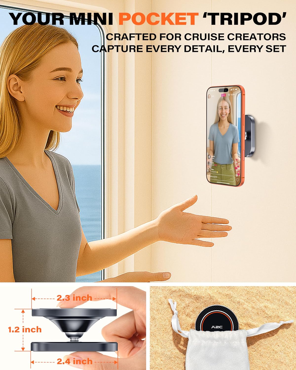 A2C Cruise Alloy Phone Holder Mount Magnetic Travel Tripod for Cabin Wall, Cruise Essentials 2025, Versatile Cloth Hat Bag Hooks, 2026 Cruise Ship Accessories Gift Compatible with MagSafe iPhone 12-17