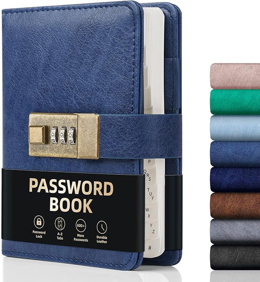 WEMATE Password Book with Lock, Password Book with Alphabetical Tabs 600+ Password Spaces, and Password Organizer Logbook, Password Keeper for Computer & Website Logins (4.33x6.18in) Blue