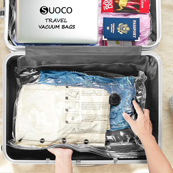 SUOCO Travel Vacuum Seal Bags for Clothing with Rechargeable Electric Pump, 8 Small Compression Packing Bags for Luggage Suitcase Backpack, Carry-on Size Space Saver Storage