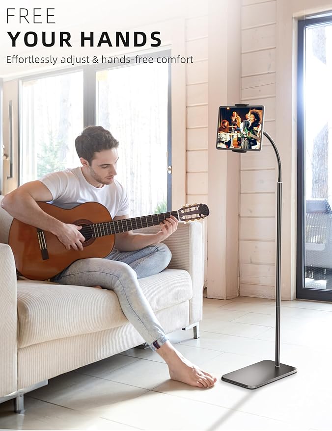 iPad Stand, Adjustable Tablet Floor Stand Metal Tablet Holder with Flexible Gooseneck, Compatible with iPad, Kindle, and Cell Phones (4.7''-13''), Ideal for Hands-Free Use