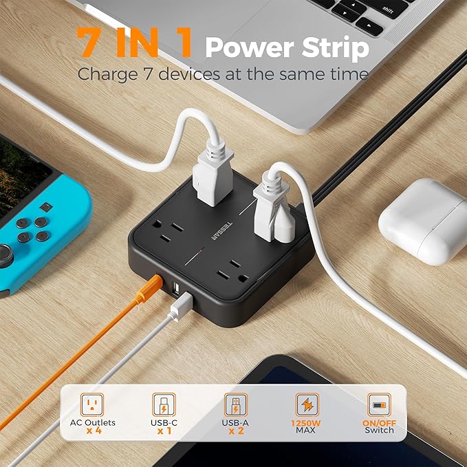 Surge Protector Flat Extension Cord 5FT, TESSAN Flat Plug Power Strip with 4 Outlets 3 USB C Ports (1 USB C), 900 Joules Protection, Multiple Wall Outlet Extender Suitable for Home Office Dorm, Black
