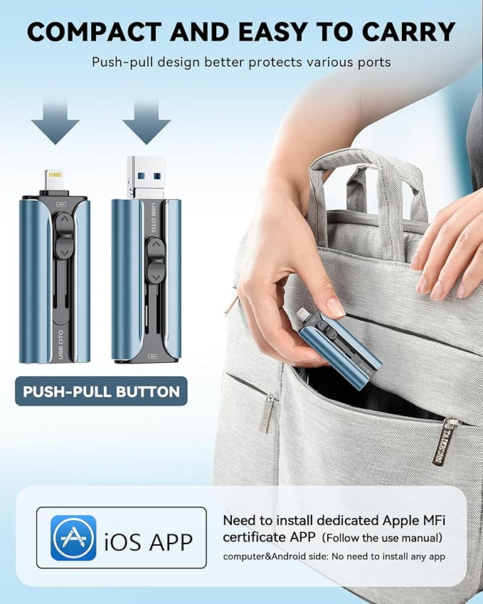 MFi Certified Flash Drive 256GB for iPhone Thumb Drive Photo Stick, High Speed USB Memory Stick iPhone Flash Drive for Photos Videos, External Storage Jump Drive for iPhone/iPad/Android/PC (Blue)