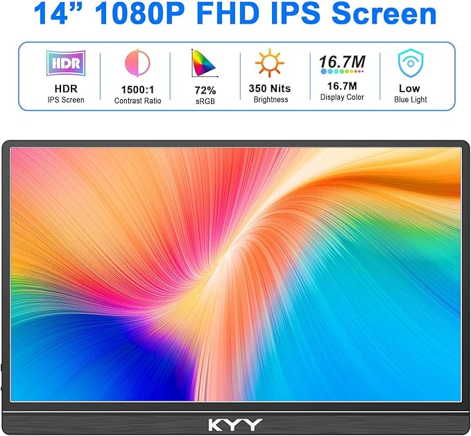 KYY Portable Monitor for Laptop, 14" FHD 1080P Travel Monitor, USB-C & HDMI Computer Gaming Screen with VESA Mount & Smart Cover, Dual Speakers, for Mac PC Phone Xbox PS5 Switch