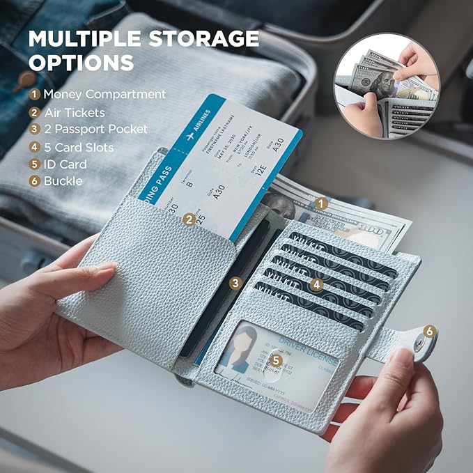 VULKIT Leather Passport Travel Wallet for 2 Passports Slim Double Passport Holder RFID Blocking with ID Window for Women or Men