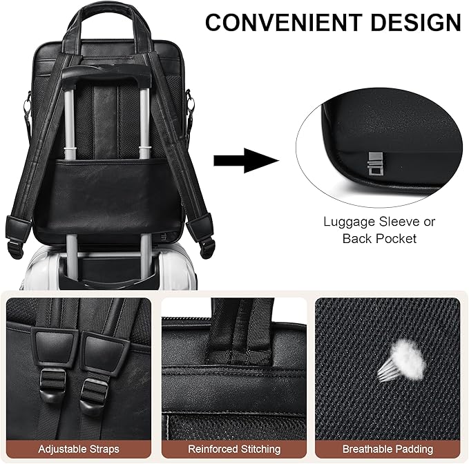 Shrrie Laptop Backpack for Women and Men, 15.6 Inch Vegan Leather Computer Backpack Professional Water-Resistant Casual Daypack for Work Business College Travel Office,Two-toned Black