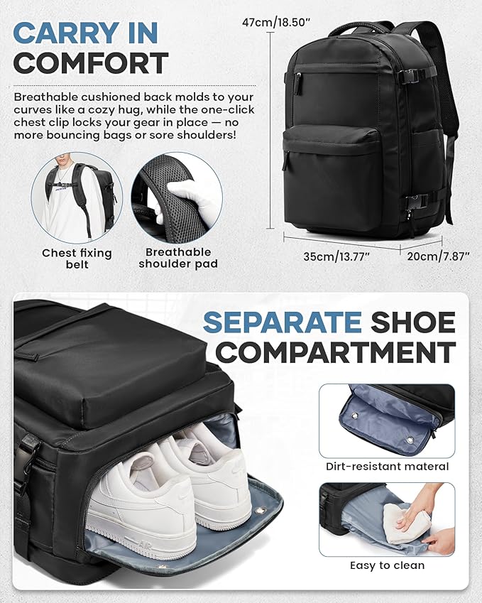 Vacuum Travel Backpack with Pump for Women,Personal Item Carry on Backpacks Flight Approved 18x14x8 inches for Men,Laptop Waterproof Work Compression bags Casual Daypack. Black