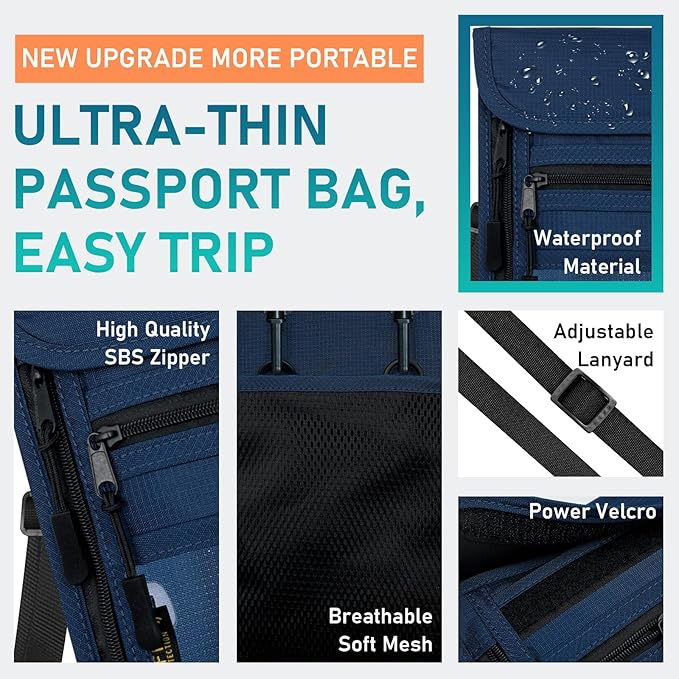 sundee Travel Neck Wallet with Double Zippers, RFID Blocking Passport Holder with Adjustable Neck Strap for Men and Women to Keep Cash, Credit Cards and Travel Documents Safe - Navy Blue